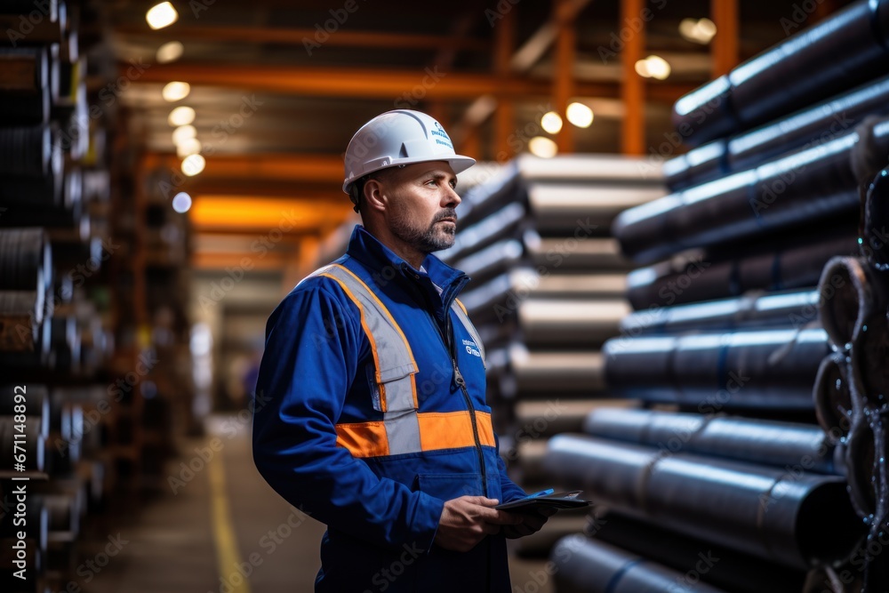 Poster warehouse inventory management in metalwork factory with engineer or inspector conduct storage check