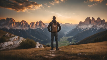 Fototapeta premium concept of freedom, back view of a man standing on a mountain with a view of the peaks of the Dolomites in Italy before sunset