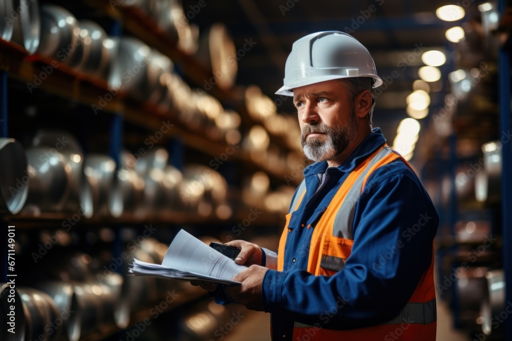 Poster warehouse inventory management in metalwork factory with engineer or inspector conduct storage check