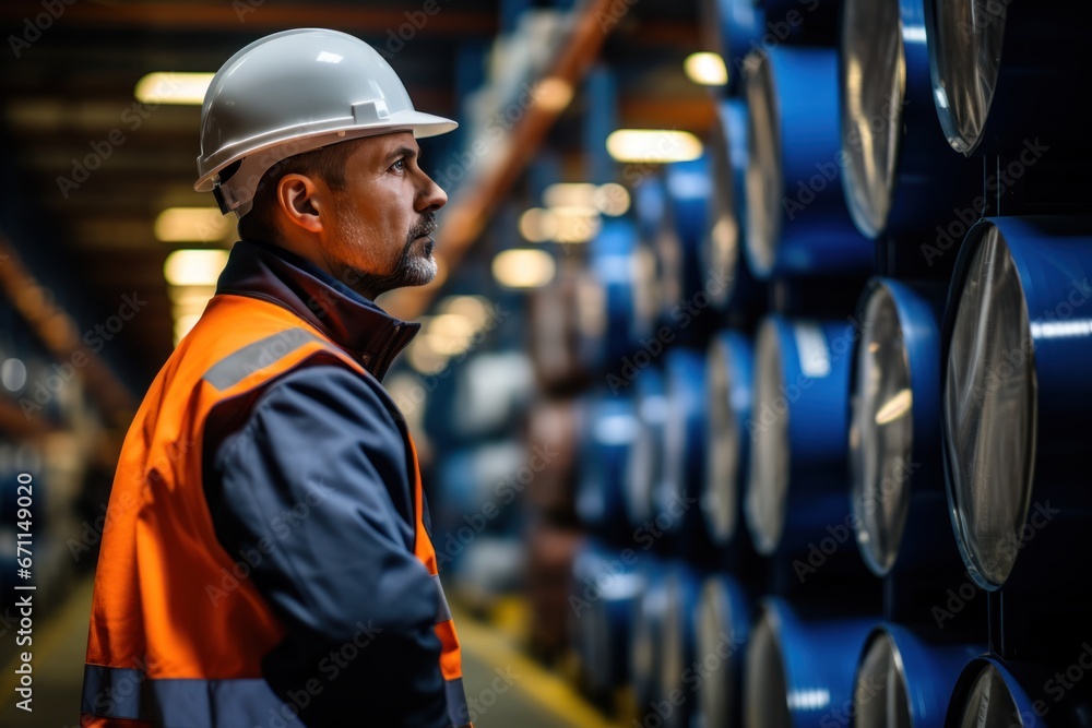 Poster warehouse inventory management in metalwork factory with engineer or inspector conduct storage check