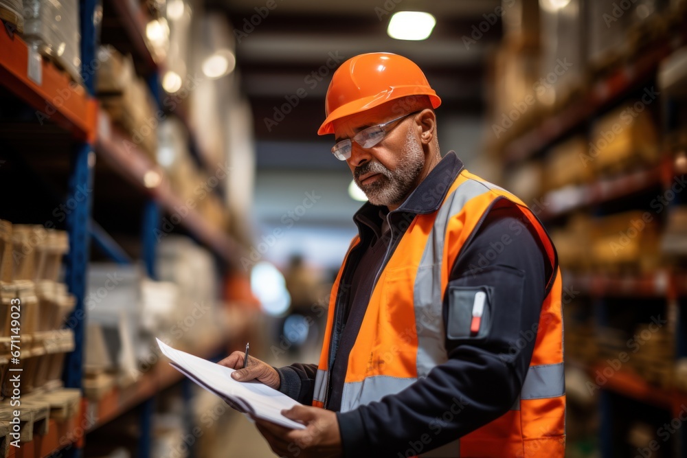 Poster warehouse inventory management in metalwork factory with engineer or inspector conduct storage check