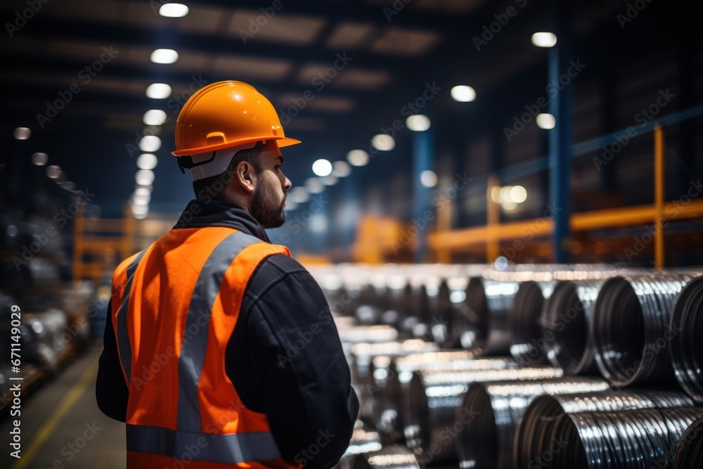 Poster warehouse inventory management in metalwork factory with engineer or inspector conduct storage check