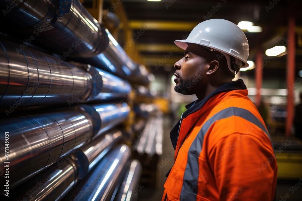 Poster warehouse inventory management in metalwork factory with engineer or inspector conduct storage check