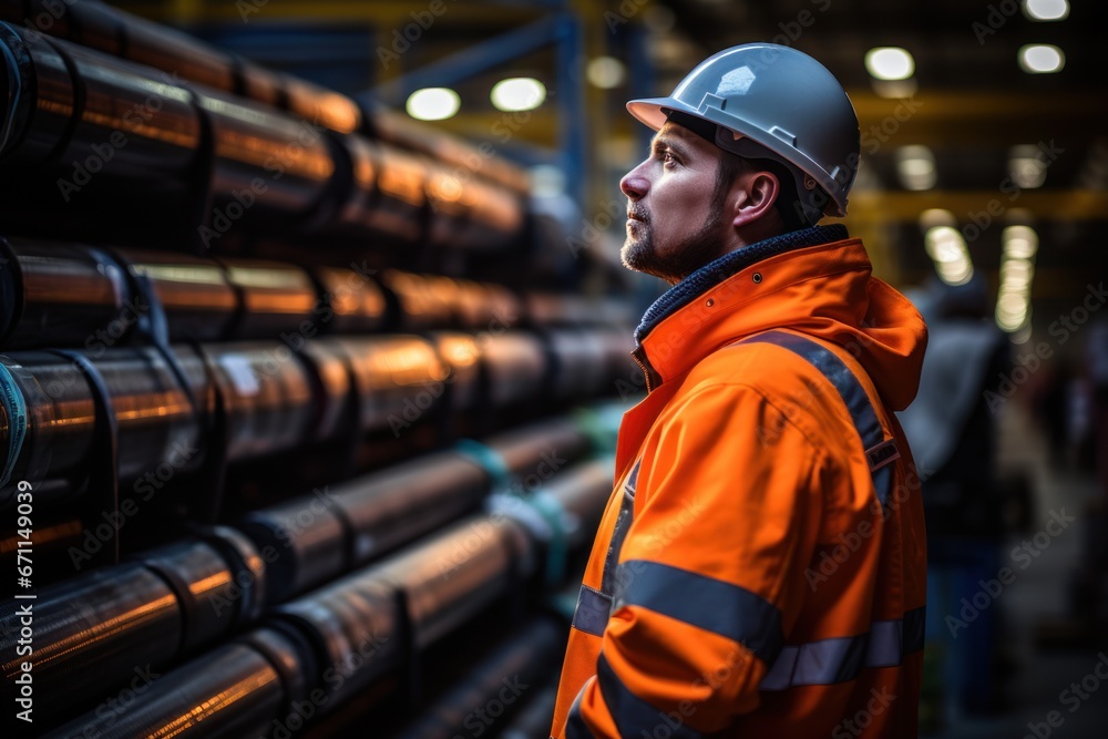 Poster warehouse inventory management in metalwork factory with engineer or inspector conduct storage check