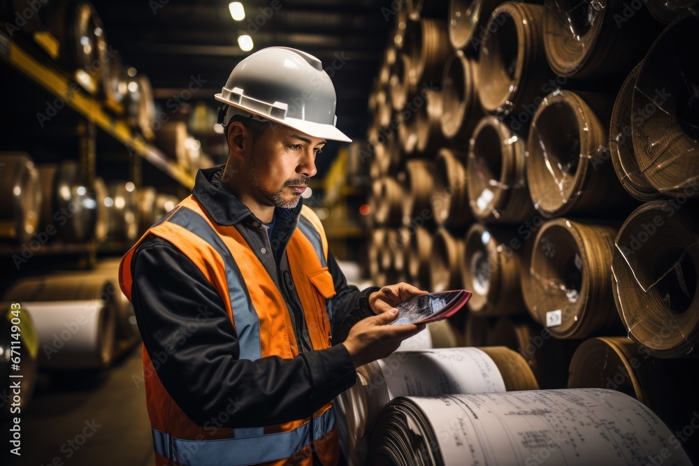 Poster warehouse inventory management in metalwork factory with engineer or inspector conduct storage check