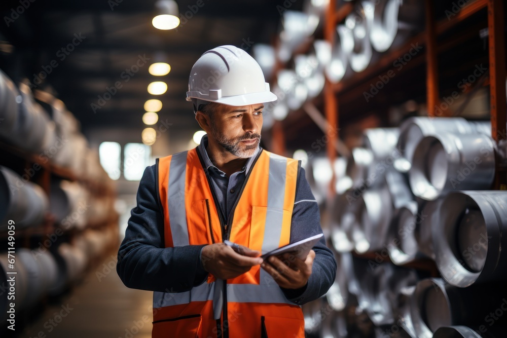 Poster warehouse inventory management in metalwork factory with engineer or inspector conduct storage check