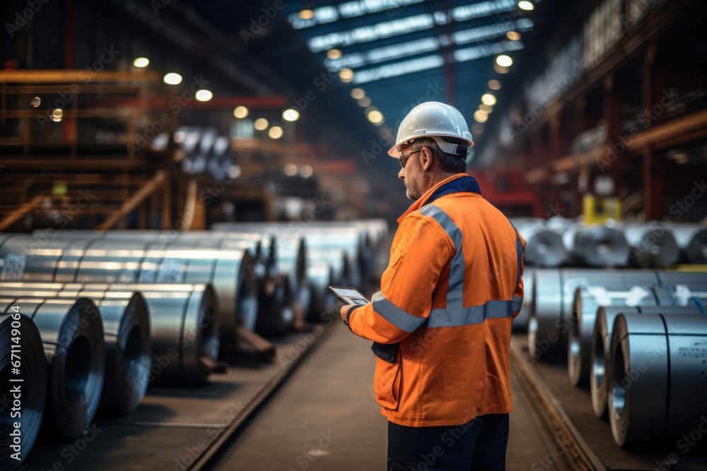 Poster warehouse inventory management in metalwork factory with engineer or inspector conduct storage check