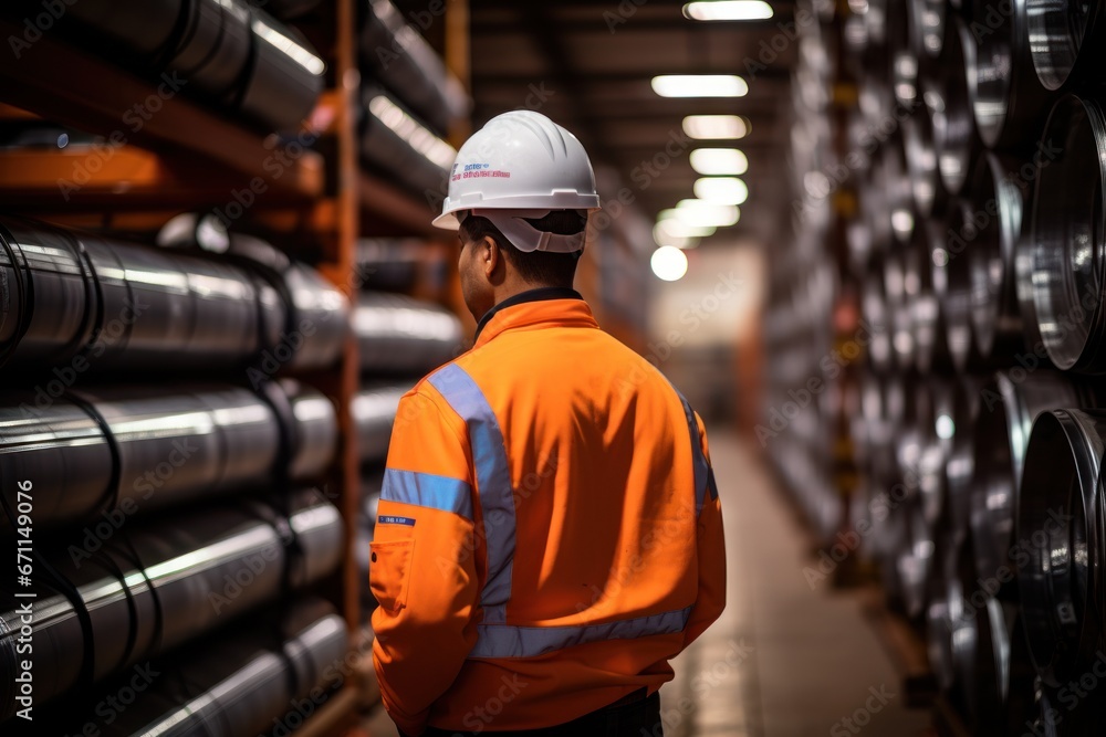 Poster warehouse inventory management in metalwork factory with engineer or inspector conduct storage check