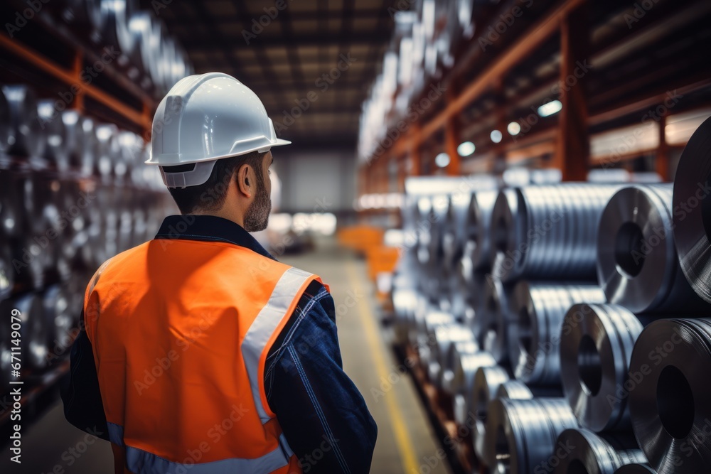 Poster warehouse inventory management in metalwork factory with engineer or inspector conduct storage check