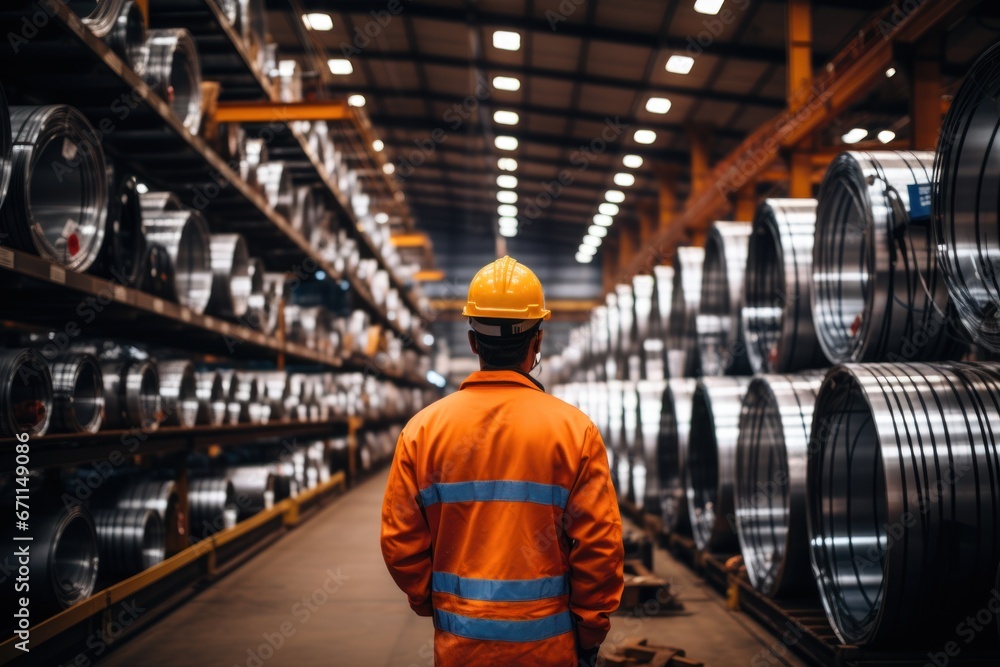 Poster warehouse inventory management in metalwork factory with engineer or inspector conduct storage check