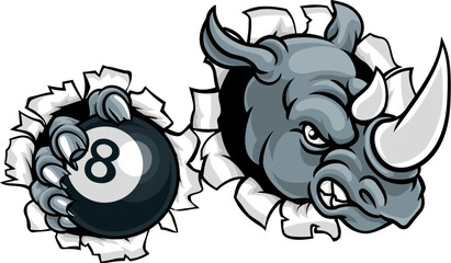 A rhino angry mean pool billiards mascot cartoon character holding a black 8 ball. © Christos Georghiou