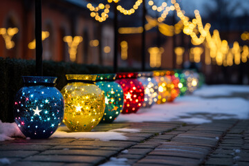 Outdoor Christmas and New Year decoration in public spaces with sparkling lights in deep blue...