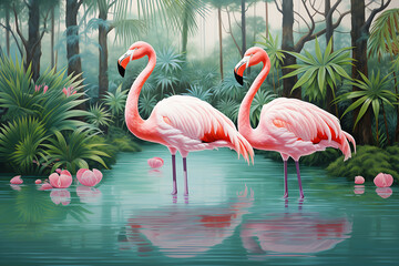 Painting of a pair of flamingos in a serene lagoon