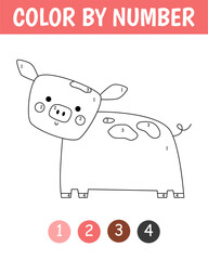 Color by number game for kids. Childish cute pig in naive style. Farm coloring page. Printable worksheet with solution for school and preschool. Learning numbers activity.