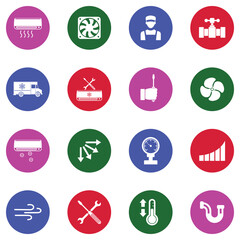 Air Conditioning Maintenance Icons. White Flat Design In Circle. Vector Illustration.