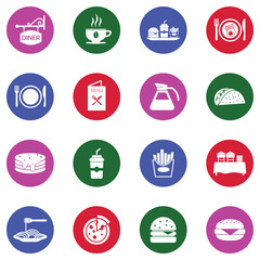 Diner Icons. White Flat Design In Circle. Vector Illustration.