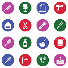 Hairdressing Icons. White Flat Design In Circle. Vector Illustration.