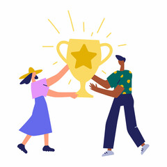 Man and Woman celebrating victory, achieving reward, prize. People Success concept illustration. Business leader characters. Businessman and businesswoman winning trophy.