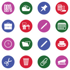 Office Material Icons. White Flat Design In Circle. Vector Illustration.