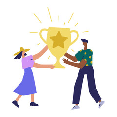 Man and Woman celebrating victory, achieving reward, prize. People Success vector concept illustration. Business leader characters. Businessman and businesswoman winning trophy.