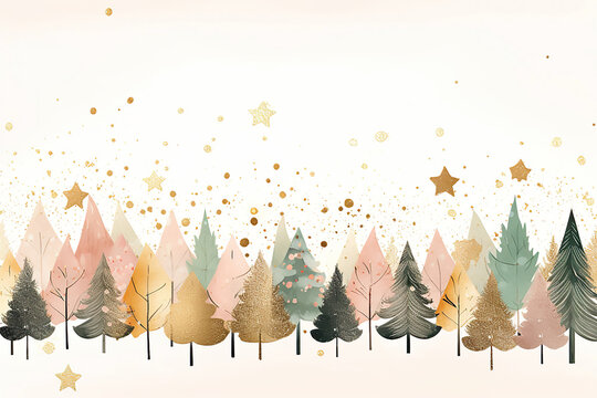 Fototapeta illustration of soft pink, green and golden christmas trees boho style on white ground with space for text, christmas background