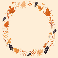 Thanksgiving day greeting card, wreath of leaves, flat vector illustration, autumn celebration, warm pastel colors, beautiful postcard 