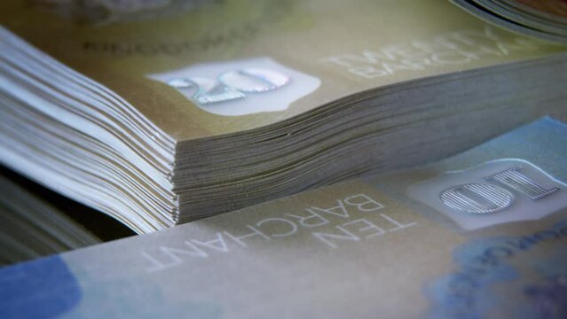 Fiat money of the virtual Micronation Kingdom of North Barchant. Twenty and ten Barchant, the currency of the virtual kingdom. A stack of paper money is being counted.