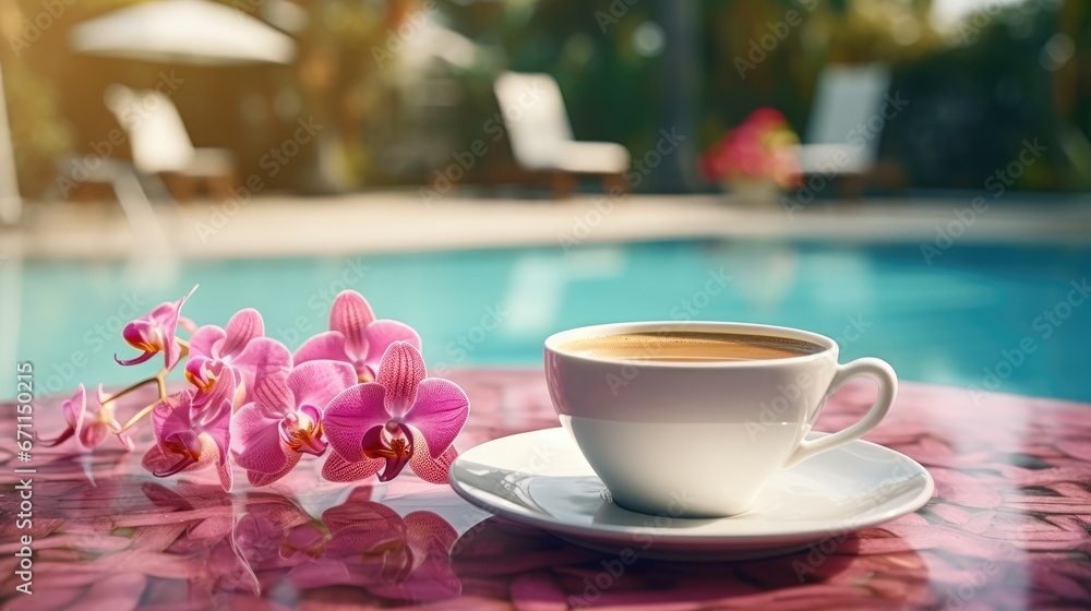 Poster a cup of coffee sitting on top of a saucer next to a pink flower on top of a table next to a pool wi