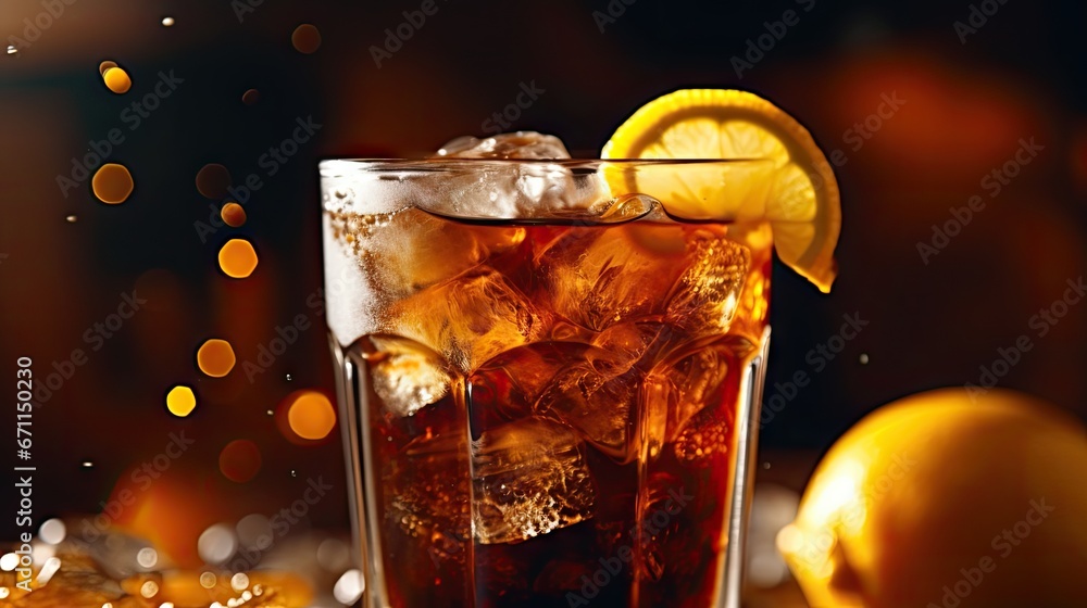 Poster a close up of a glass of ice tea with a slice of lemon and a slice of lemon on the side of the glass