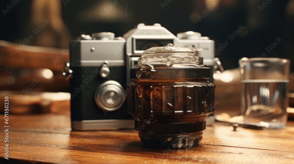 Poster a close up of a camera on a table with a glass of water and a glass of water in front of it on a woo