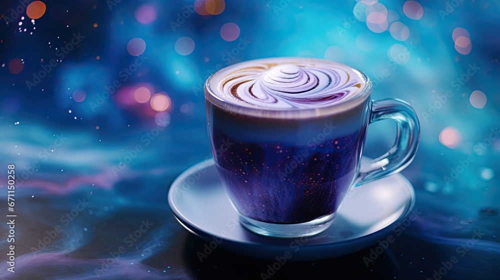 Poster a cup of coffee on a saucer on a saucer on a saucer on a table with a blurry background of blue and 