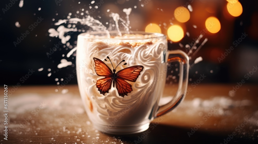 Aufkleber a close up of a cup on a table with a butterfly painted on the inside of the cup and on the outside 
