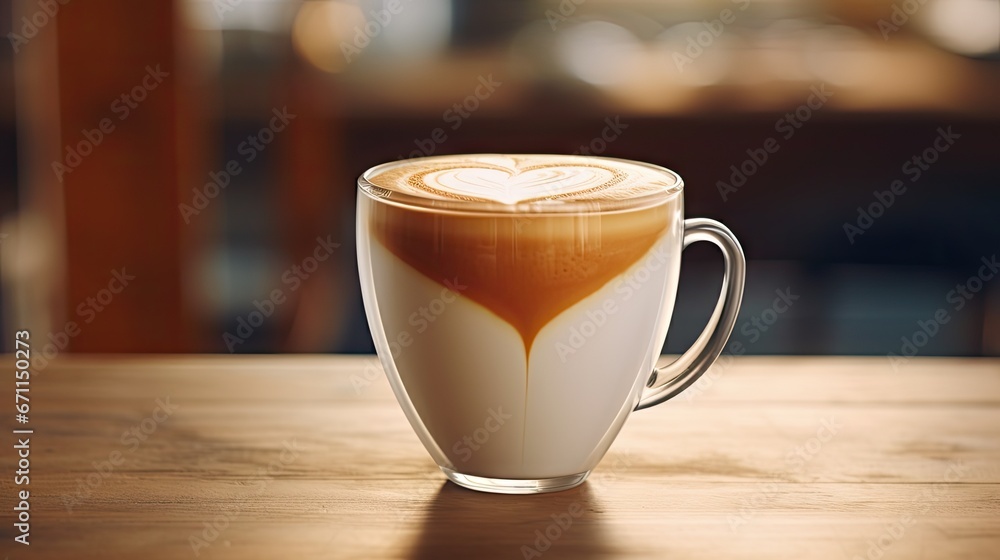 Poster a close up of a cup of coffee on a table with a heart drawn in the foam on the top of the cup and on