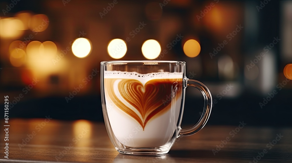 Poster a cup of coffee on a table with a heart pattern in the foam on the top of the cup and a blurry backg