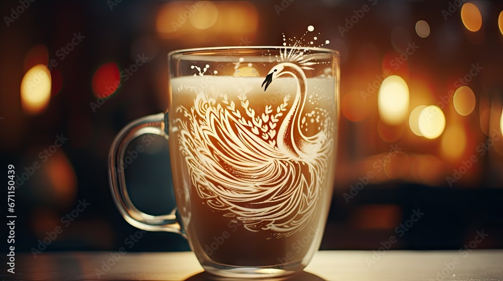 Poster a glass mug with a picture of a bird on it sitting on a table in front of a blurry background of bok