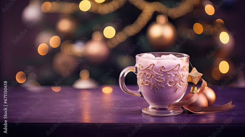 Poster a close up of a cup of coffee on a table with a christmas tree in the background of the picture and 