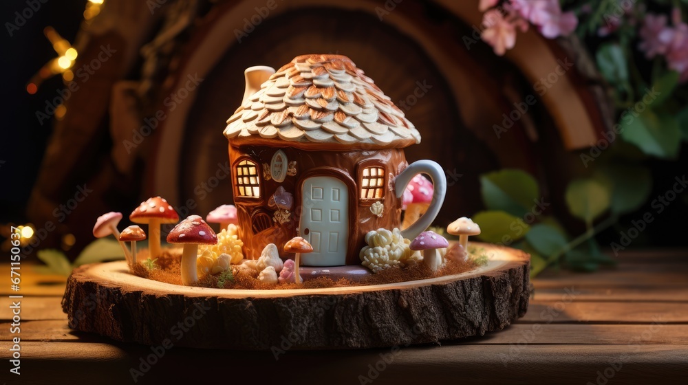 Poster a close up of a small figurine of a house on a tree stump with mushrooms and mushrooms around it on 