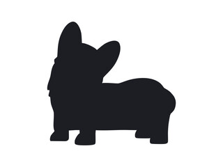 Black silhouette of puppy corgi dog. Portrait of standing little pet animal. Hand drawn vector illustration isolated on white background, modern flat cartoon style.