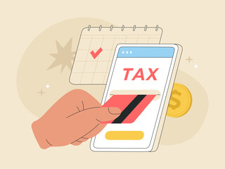 Online tax payment concept. Pay by credit card using phone. Calendar reminder for tax filing deadline. Hand drawn vector illustration, isolated on light background, modern flat cartoon style.