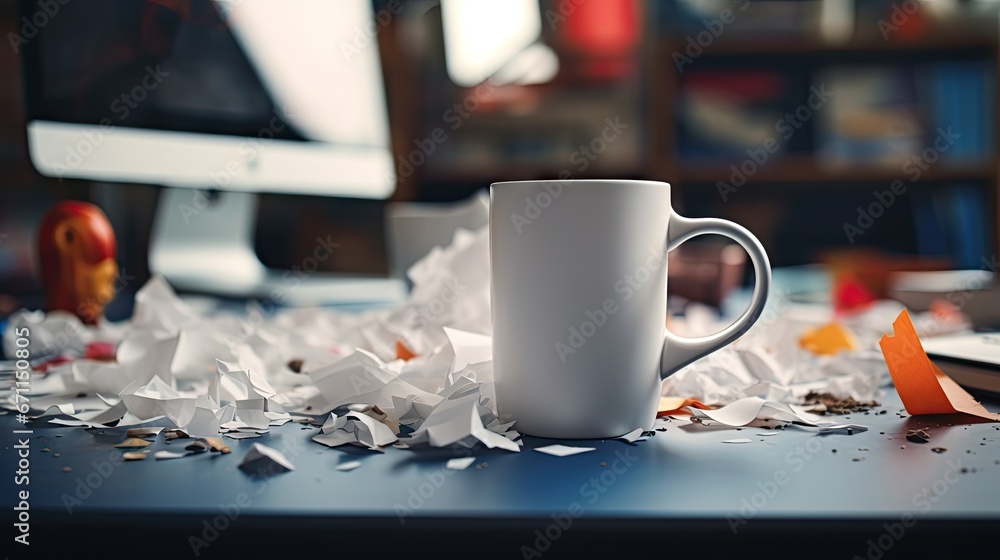 Poster  a cup of coffee sitting on top of a table next to a pile of shredded up paper and a computer monitor on a desk in a room with a bookshelf.  generative ai
