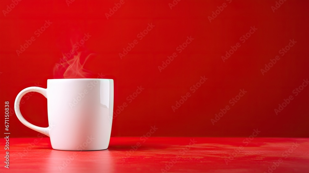 Poster a white coffee cup with steam rising out of it on a red surface with a red wall behind it and a red 