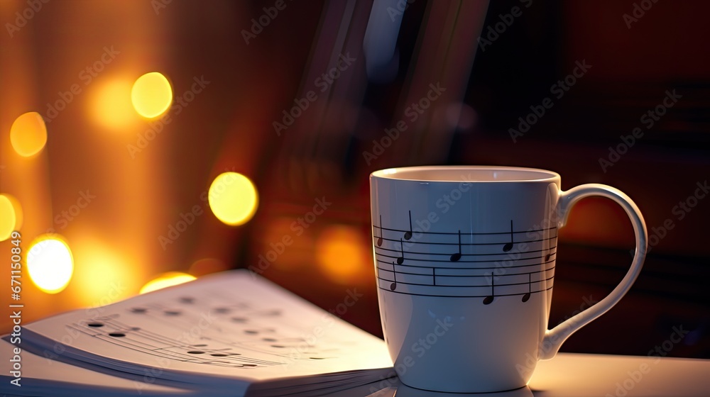 Aufkleber a white coffee cup sitting on top of a table next to a sheet of paper with musical notes on it next 