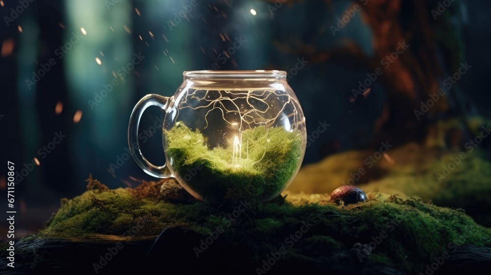 Poster a glass jar filled with green moss and a ladybug sitting on top of a moss covered ground in the midd