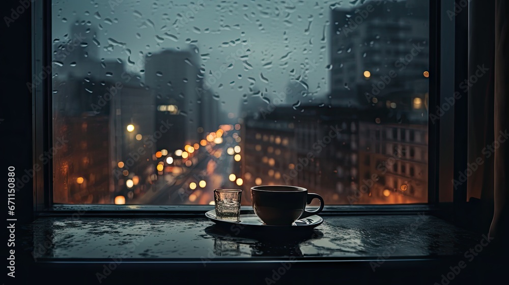 Poster a cup of coffee sitting on top of a window sill in front of a rain covered window with a view of a c