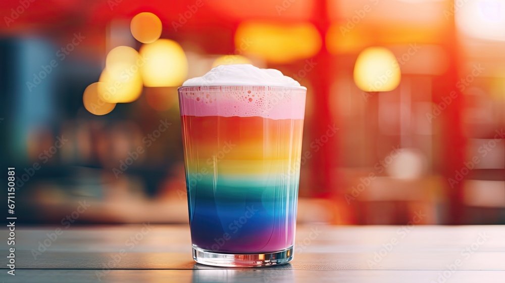 Poster a close up of a drink on a table with blurry lights in the background and a rainbow drink in a tall 