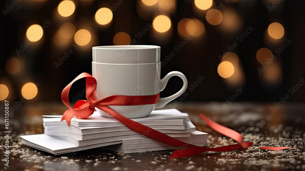 Poster a stack of books with a cup of coffee on top of it and a red ribbon on top of one of the books and a