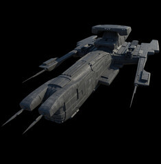 Spaceship Command Vessel on Black Background - Front View, 3d digitally rendered science fiction illustration