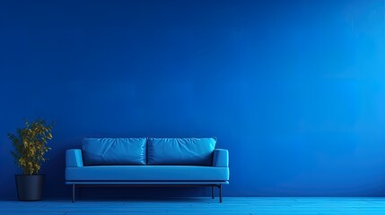 Blue sofa and blue wall, AI generative