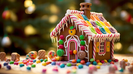 Fototapeta na wymiar A gingerbread house with colorful candy decorations.