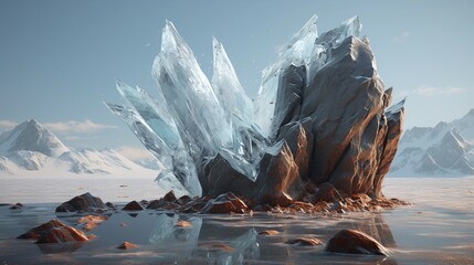Eisformation mit Felsen in einer kargen Landschaft mit Bergen und Wasser.